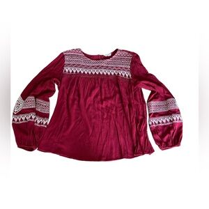 Blue Rain blouse cranberry with white embroidery details. Size‎ Medium